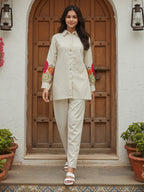 Cotton Floral Embroidered Tunic With Trouser Co-Ords Set