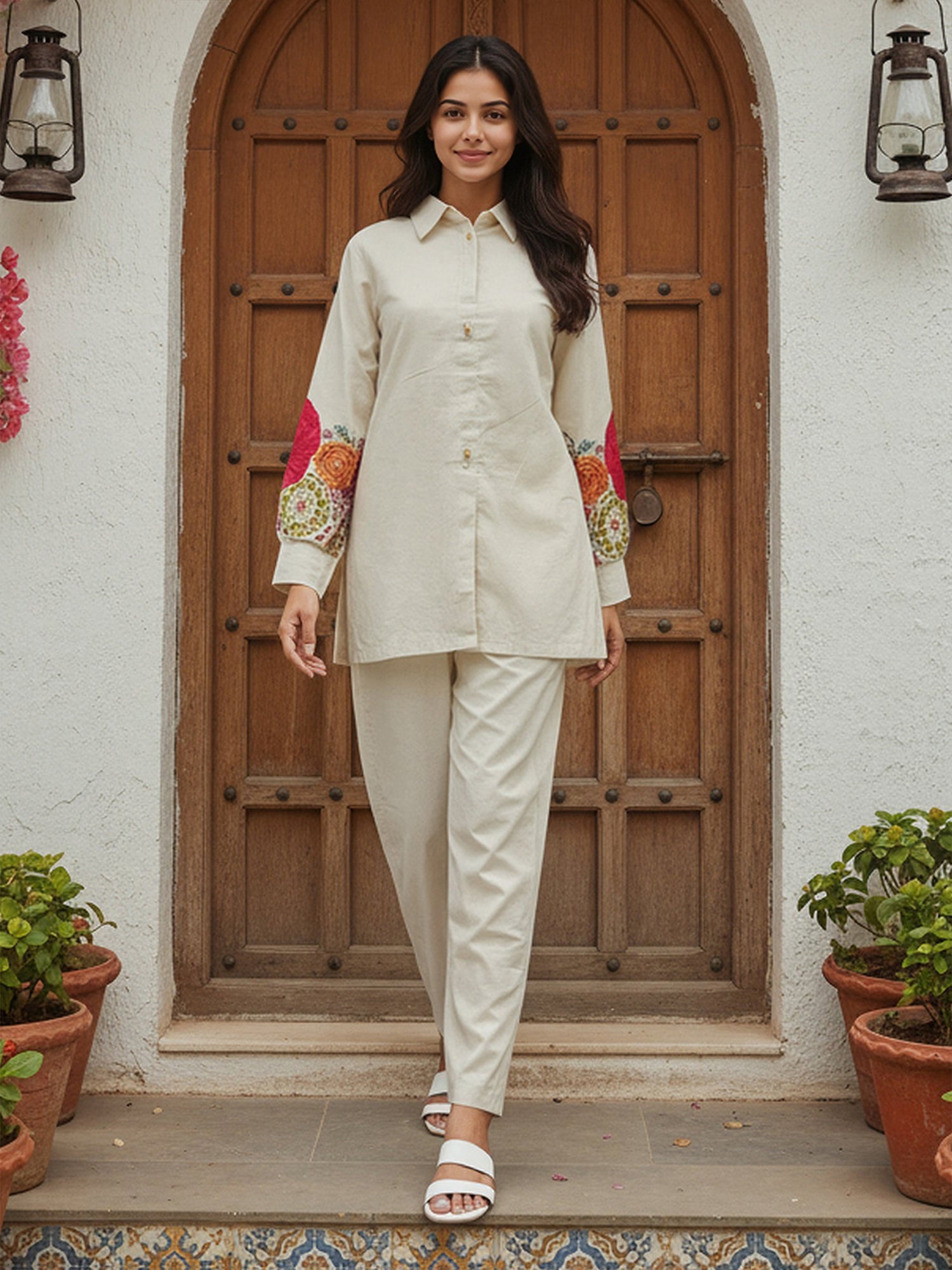 Cotton Floral Embroidered Tunic With Trouser Co-Ords Set