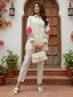 Cotton Floral Embroidered Tunic With Trouser Co-Ords Set