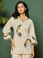 Cotton Floral Embroidered Shirt With Trouser Co-Ords Set