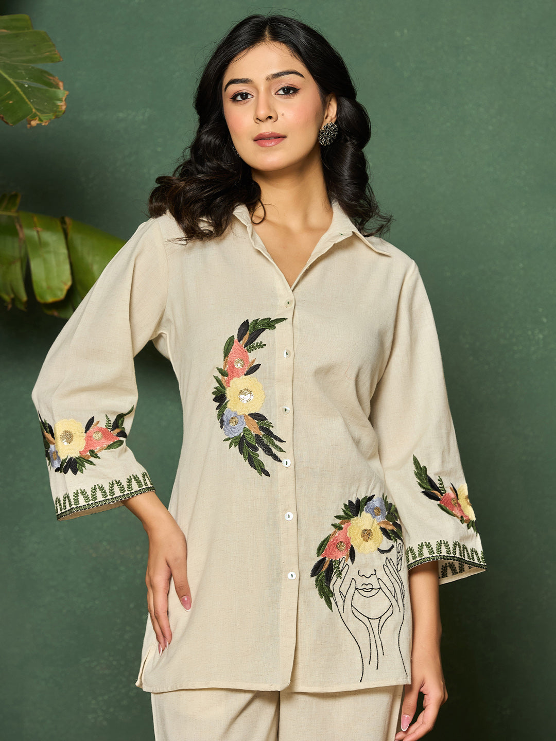 Cotton Floral Embroidered Shirt With Trouser Co-Ords Set