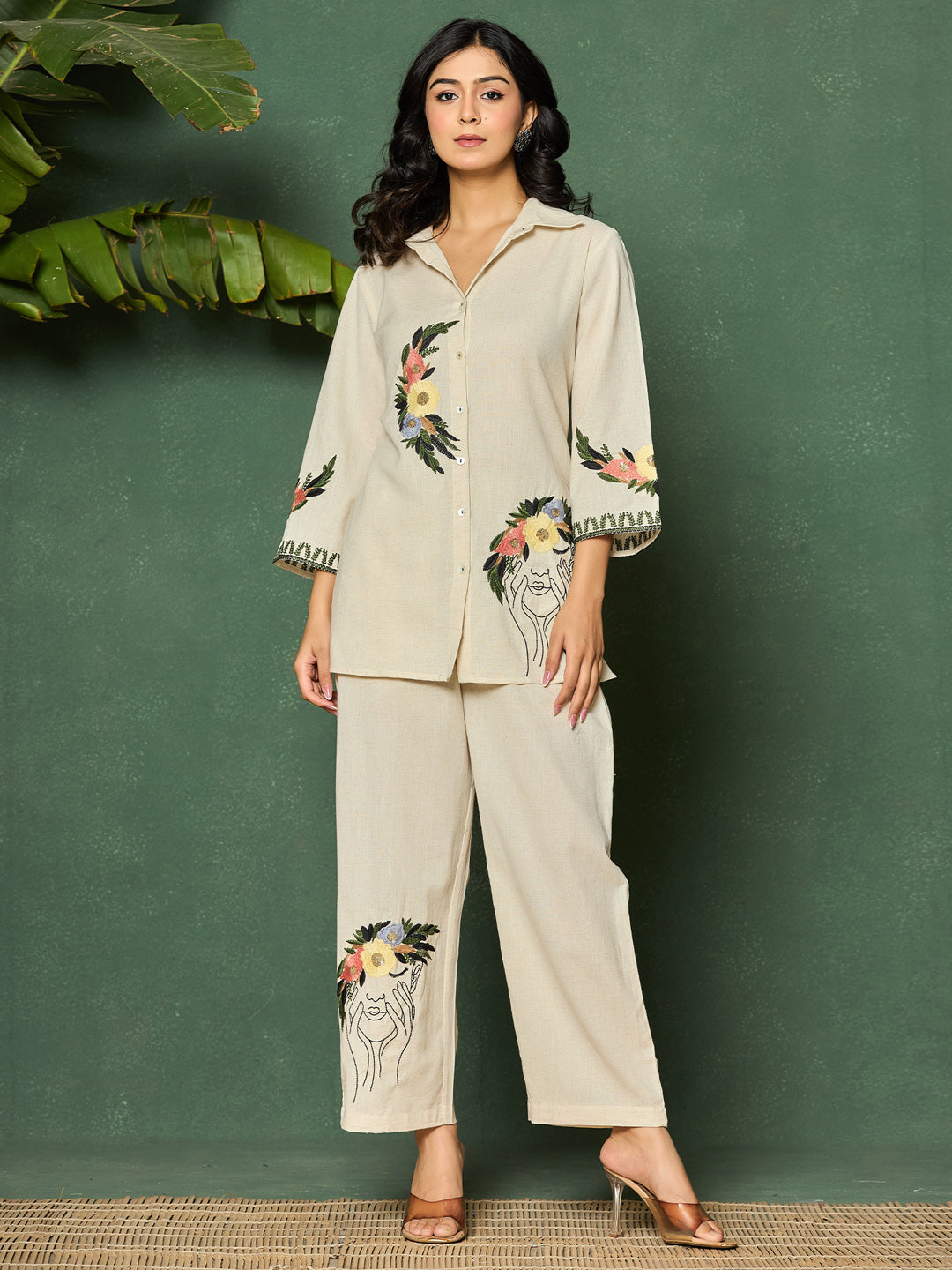 Cotton Floral Embroidered Shirt With Trouser Co-Ords Set