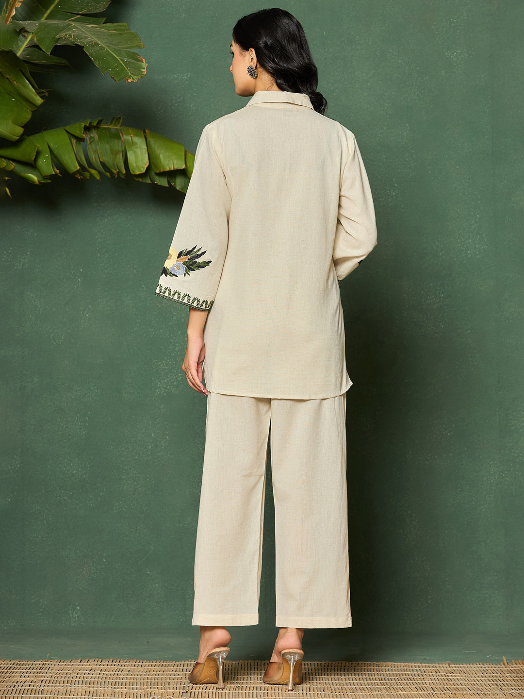 Cotton Floral Embroidered Shirt With Trouser Co-Ords Set
