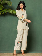 Cotton Floral Embroidered Shirt With Trouser Co-Ords Set