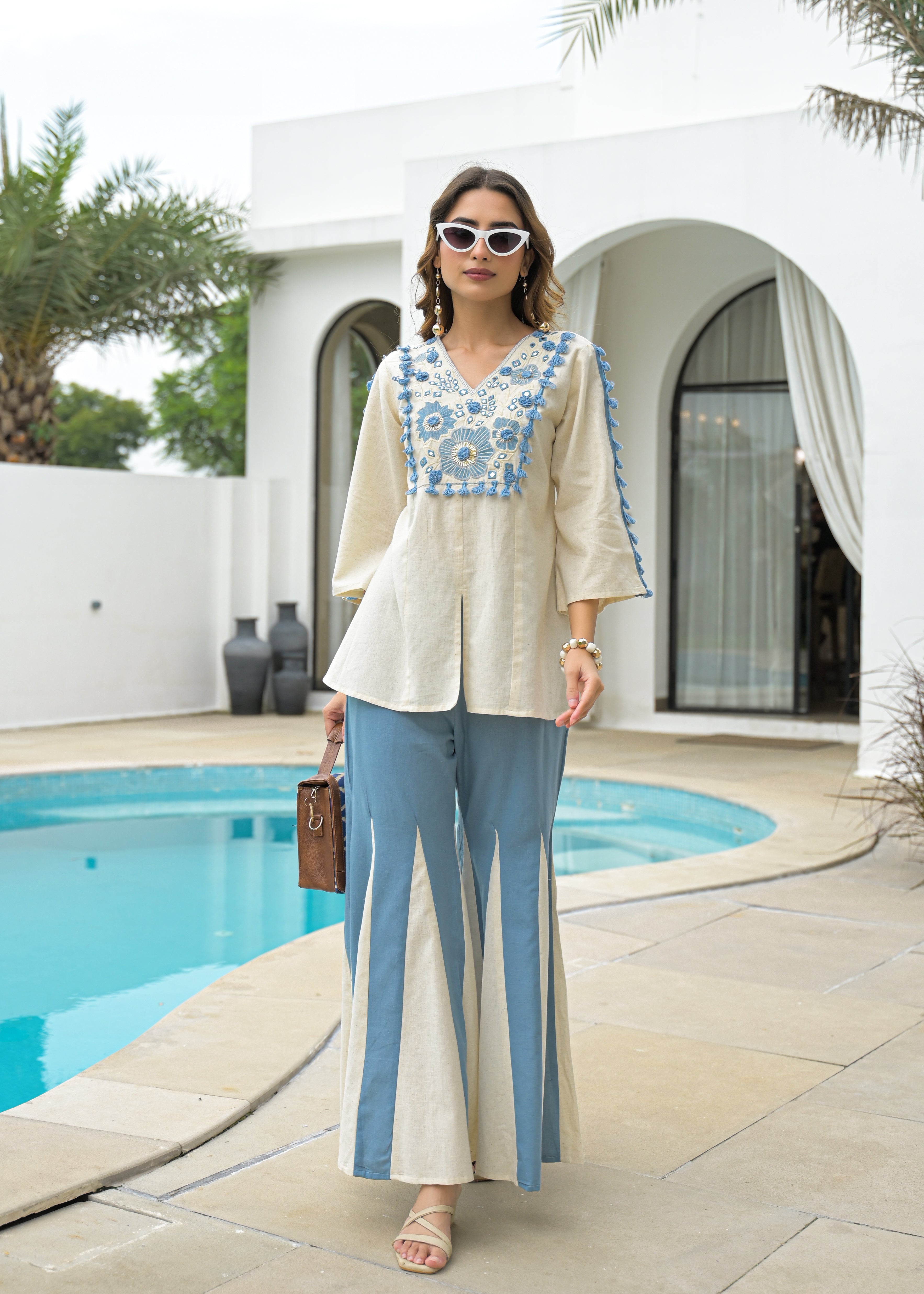 Cotton Embroidered Tunic With Palazzos Co-Ords Set