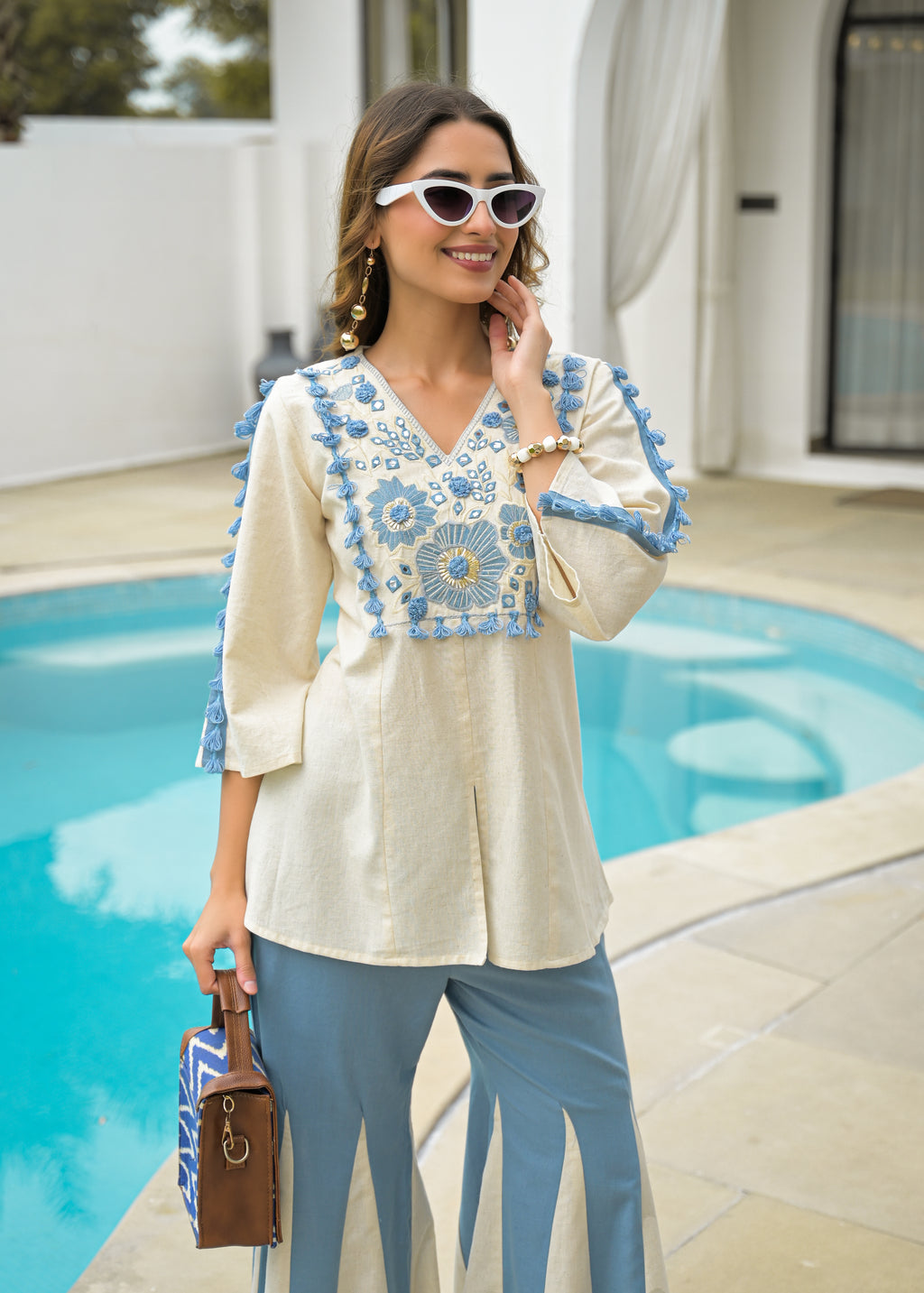 Cotton Embroidered Tunic With Palazzos Co-Ords Set