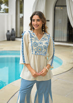 Cotton Embroidered Tunic With Palazzos Co-Ords Set
