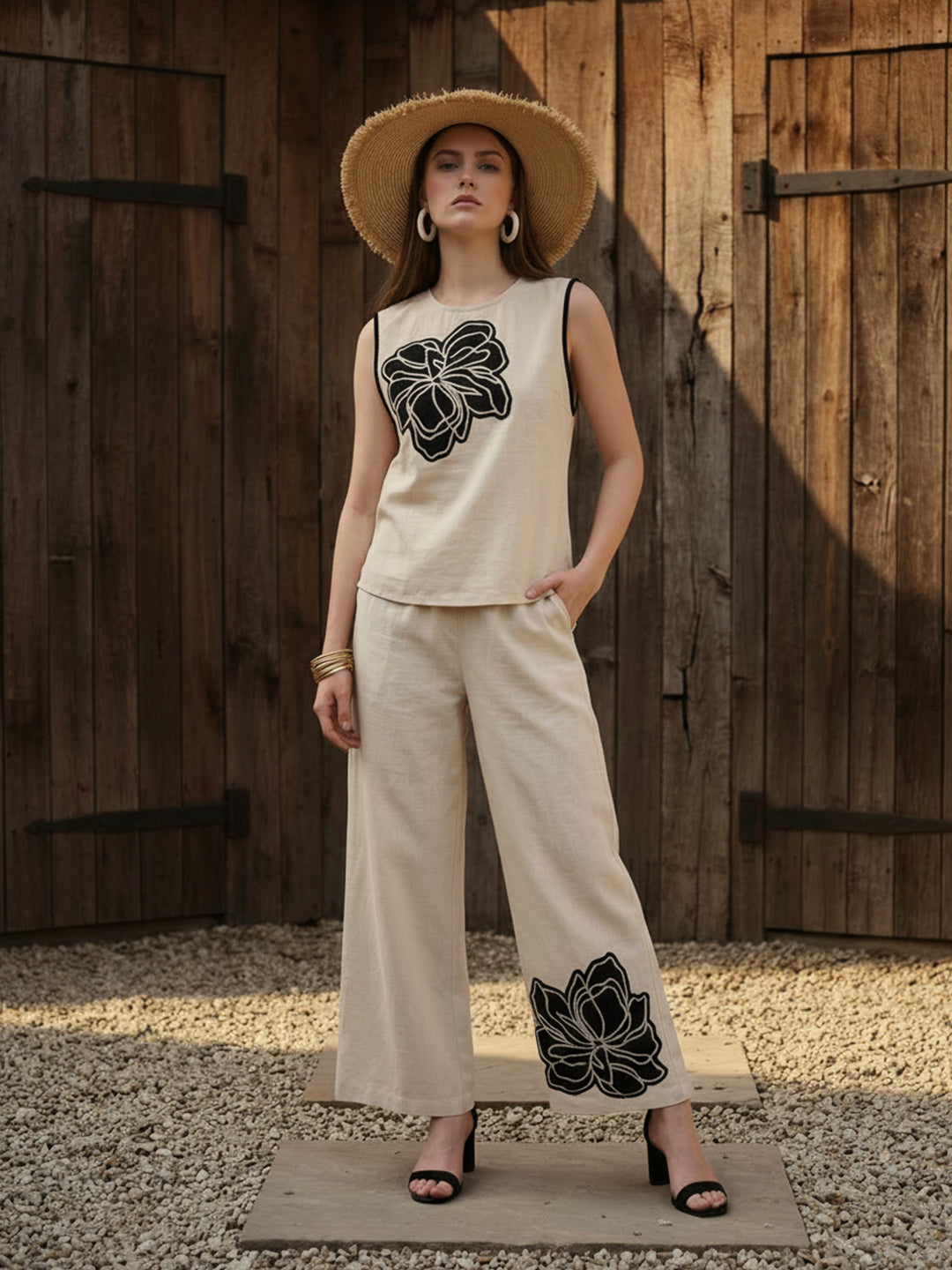 Off White & Black Appliqué Cotton Co-Ord Set
