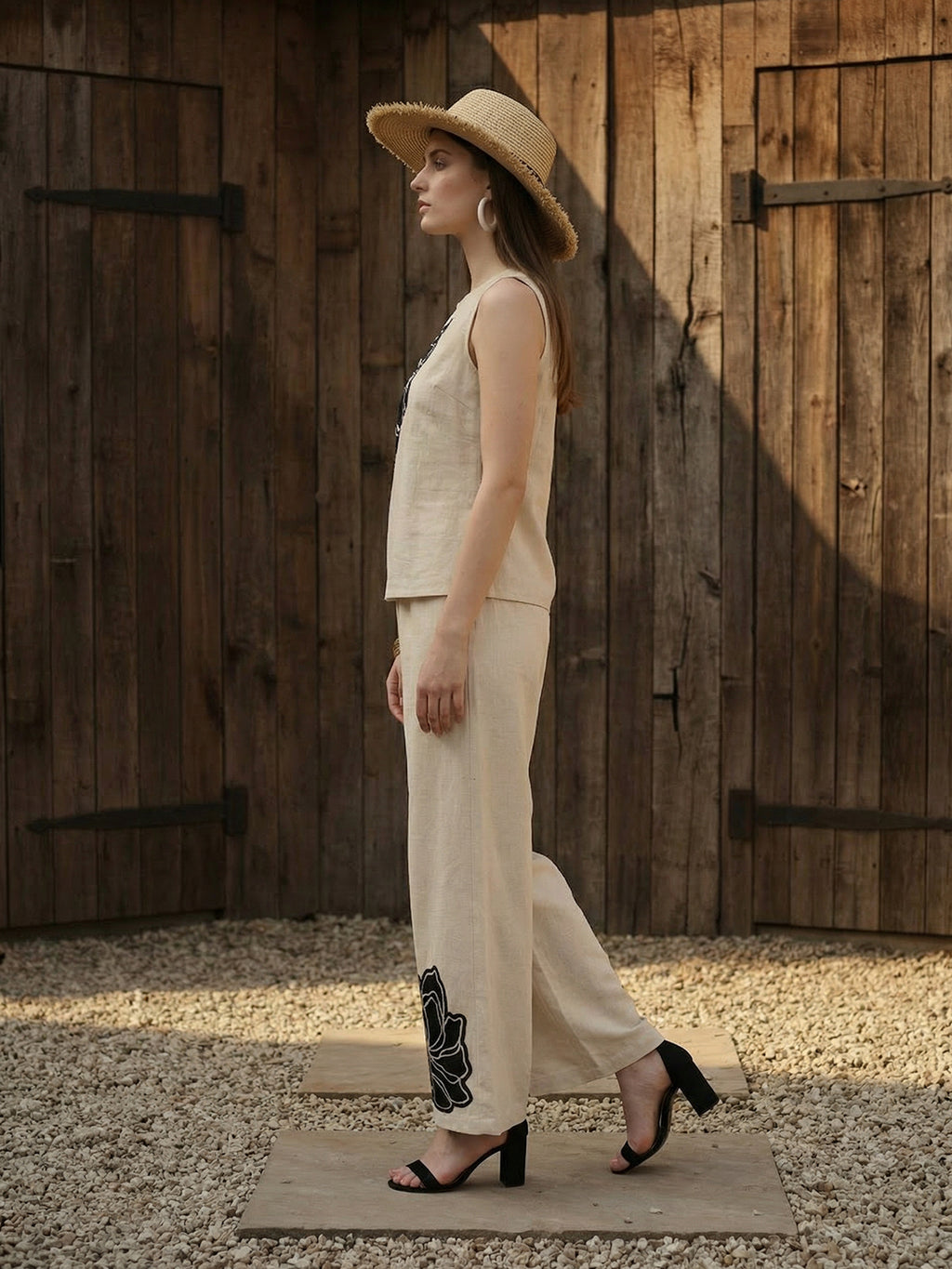 Off White & Black Appliqué Cotton Co-Ord Set