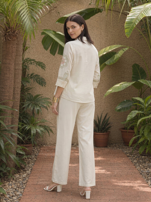 Zummer Off-White Embroidered Cotton Co-Ord Set for Women