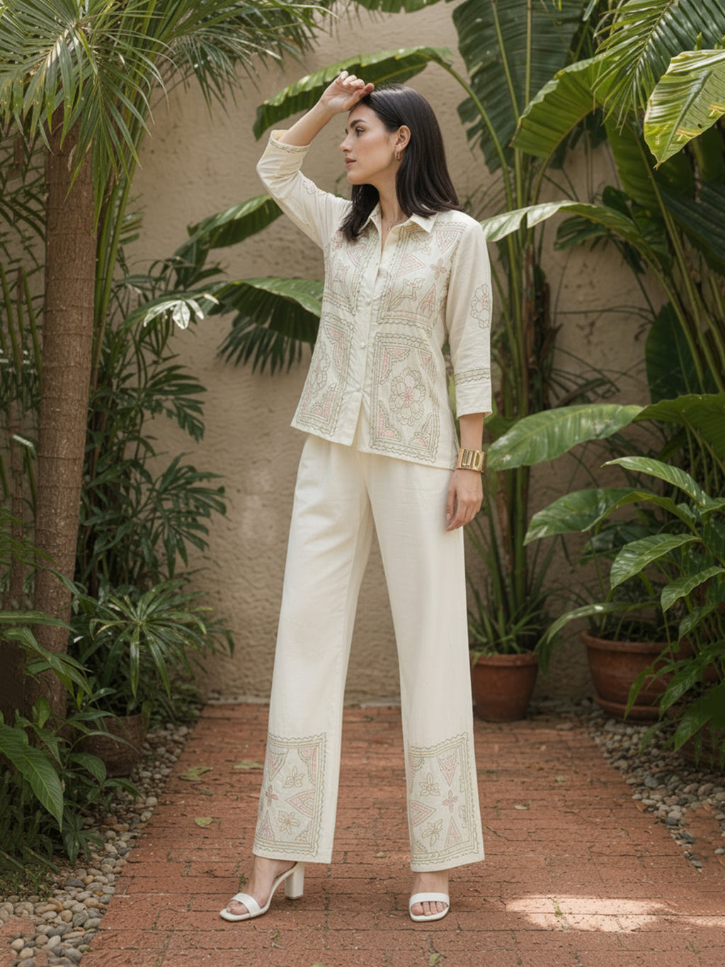 Zummer Off-White Embroidered Cotton Co-Ord Set for Women
