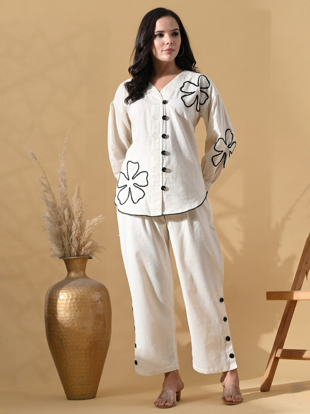 Zummer Women’s Off White Embellished Co-Ord Set with Tunic & Trousers