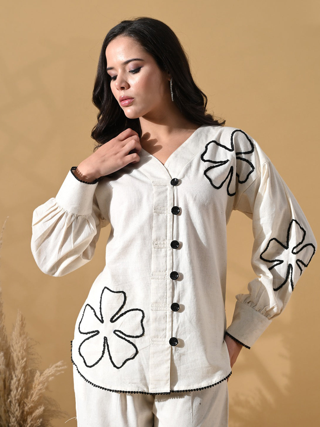 Zummer Women’s Off White Embellished Co-Ord Set with Tunic & Trousers