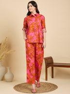 Pink Floral Poplin Shirt With Lounge Pants