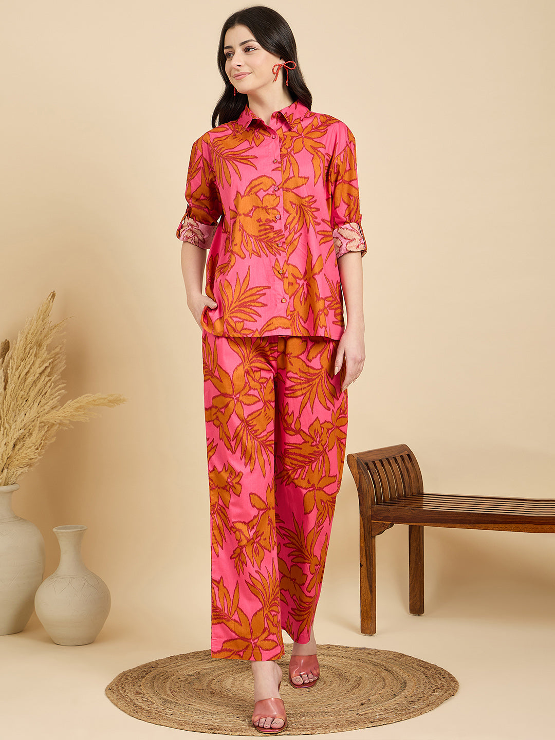 Pink Floral Poplin Shirt With Lounge Pants