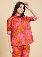 Pink Floral Poplin Shirt With Lounge Pants