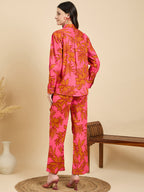 Pink Floral Poplin Shirt With Lounge Pants