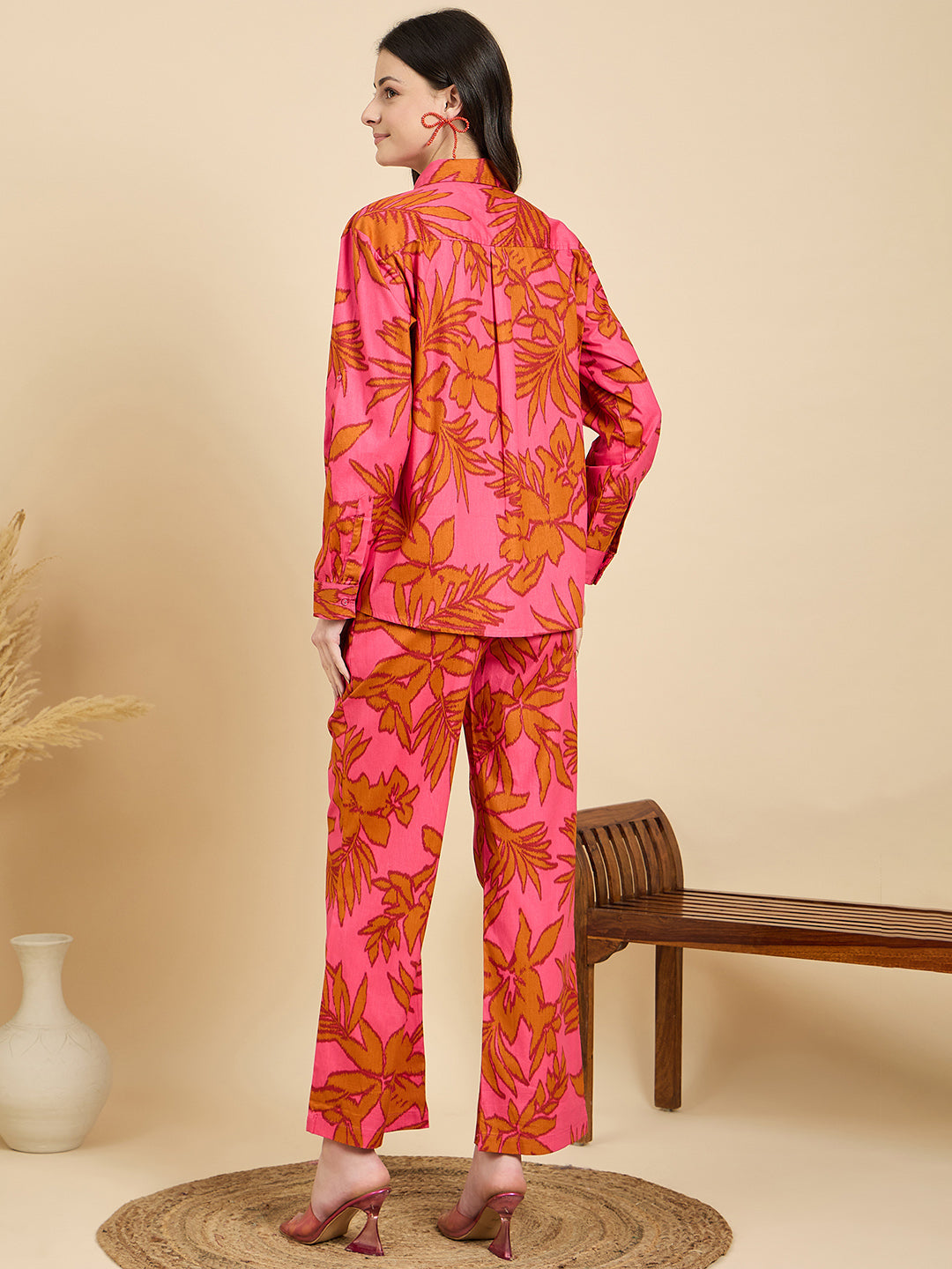 Pink Floral Poplin Shirt With Lounge Pants