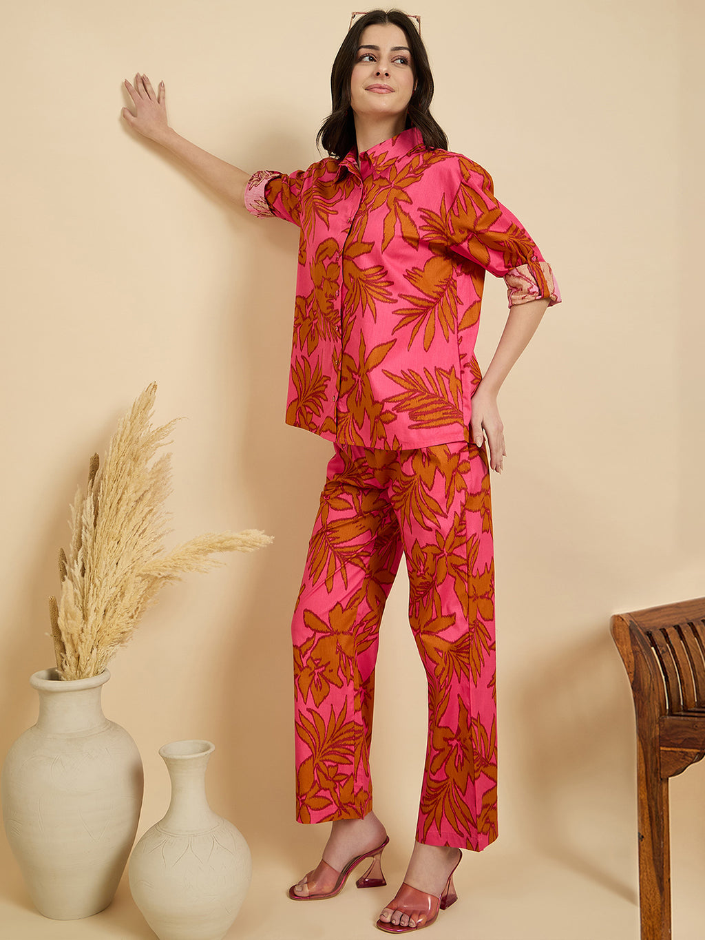 Pink Floral Poplin Shirt With Lounge Pants