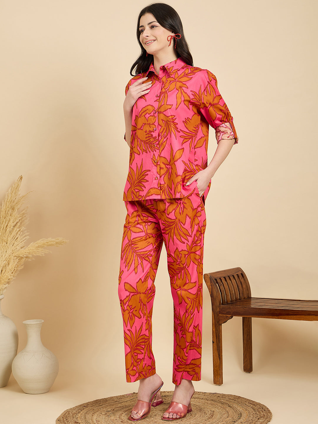 Pink Floral Poplin Shirt With Lounge Pants