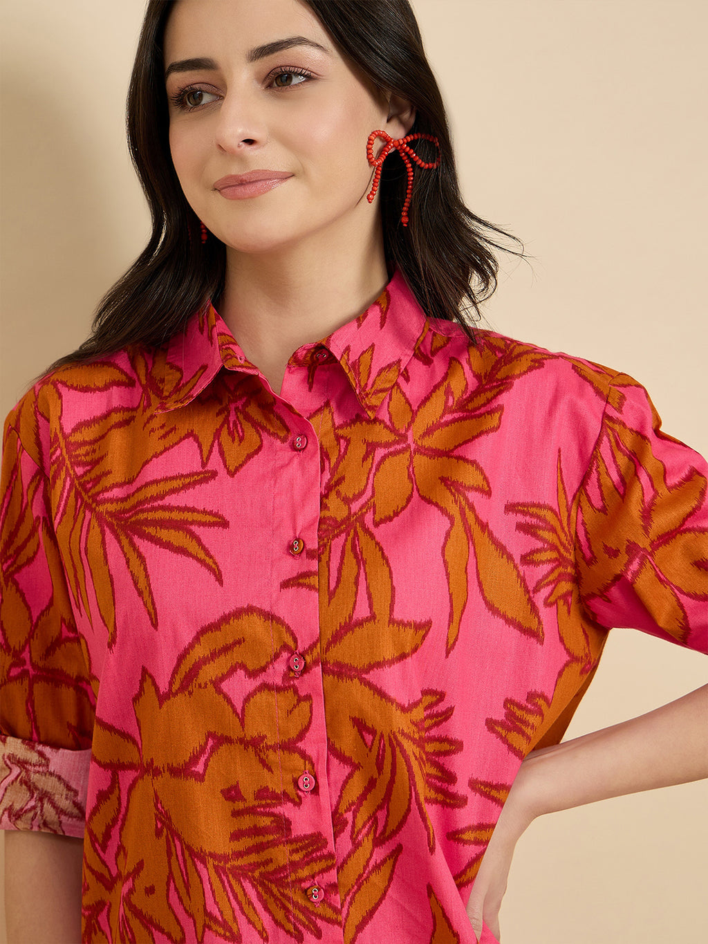 Pink Floral Poplin Shirt With Lounge Pants