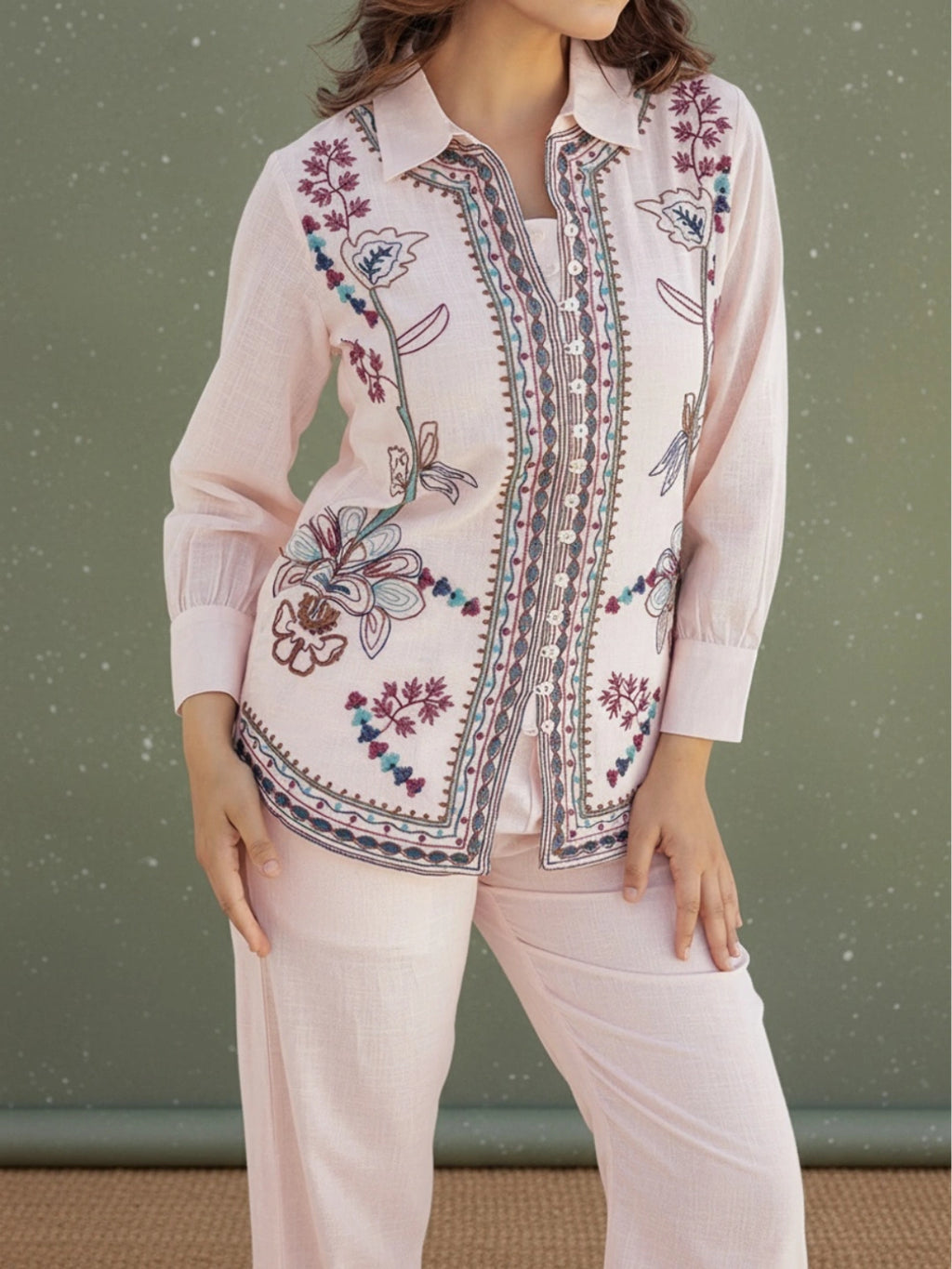Cotton Embroidered Shirt With TrouserCo-Ords Set
