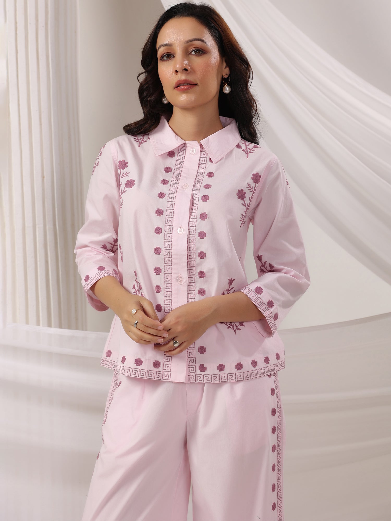 Cotton Embroidered Shirt With Palazzos Co-Ords Set
