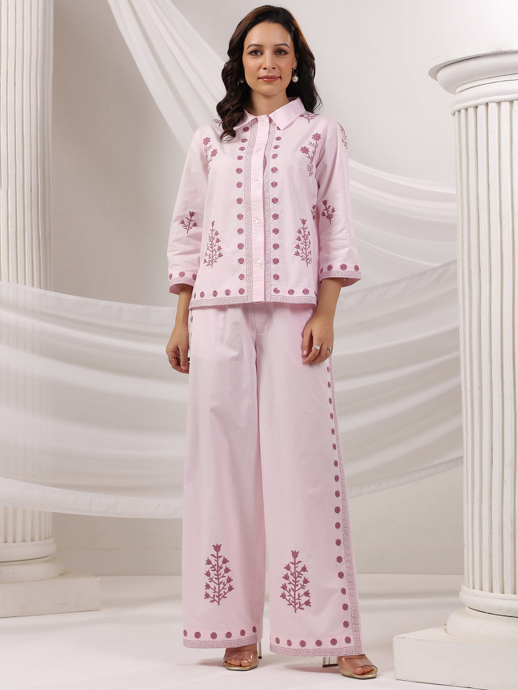 Cotton Embroidered Shirt With Palazzos Co-Ords Set