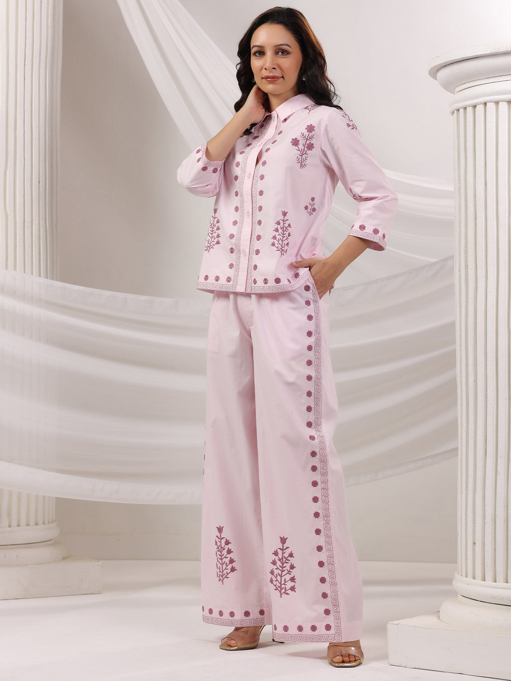 Cotton Embroidered Shirt With Palazzos Co-Ords Set