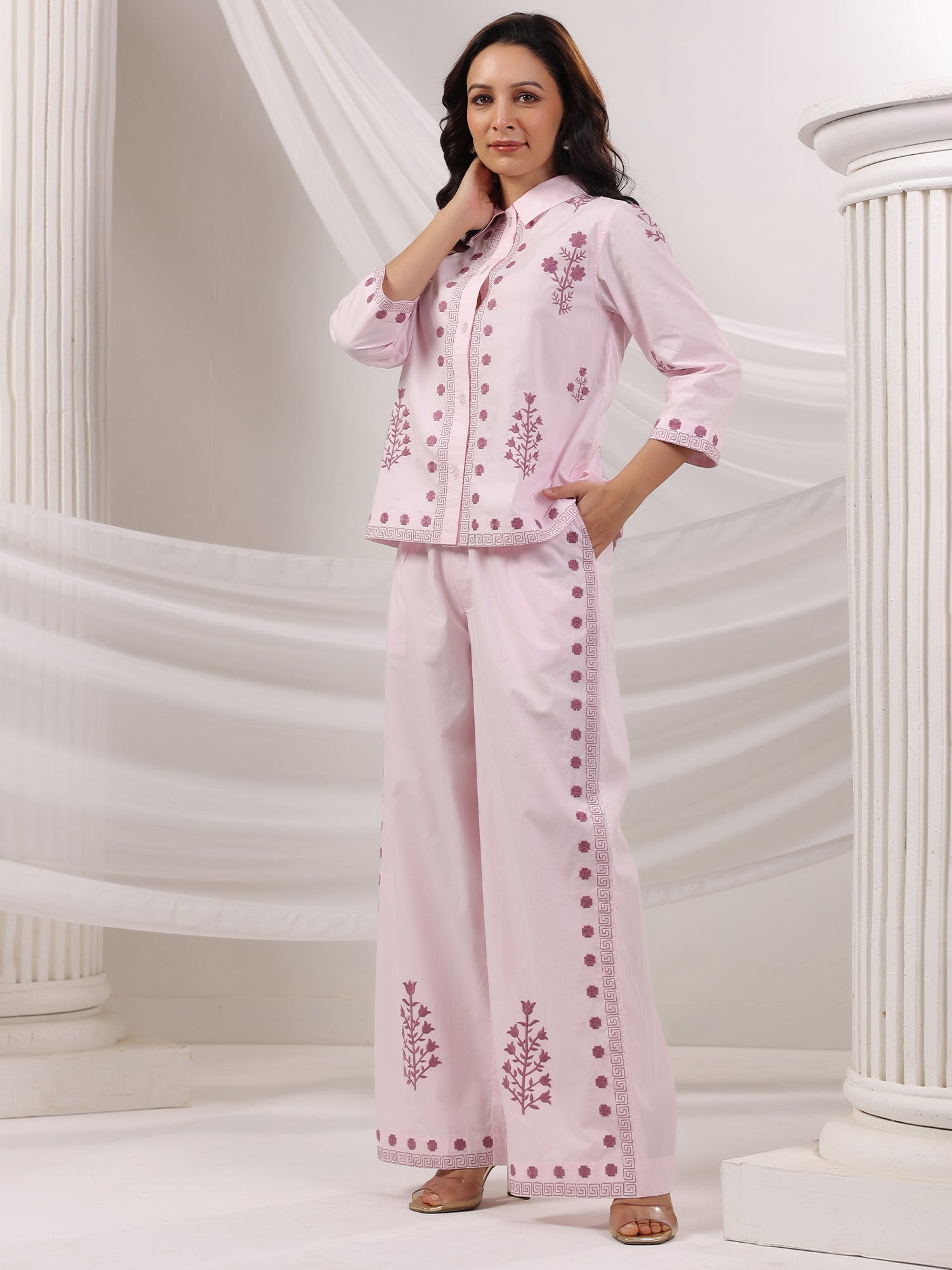 Cotton Embroidered Shirt With Palazzos Co-Ords Set
