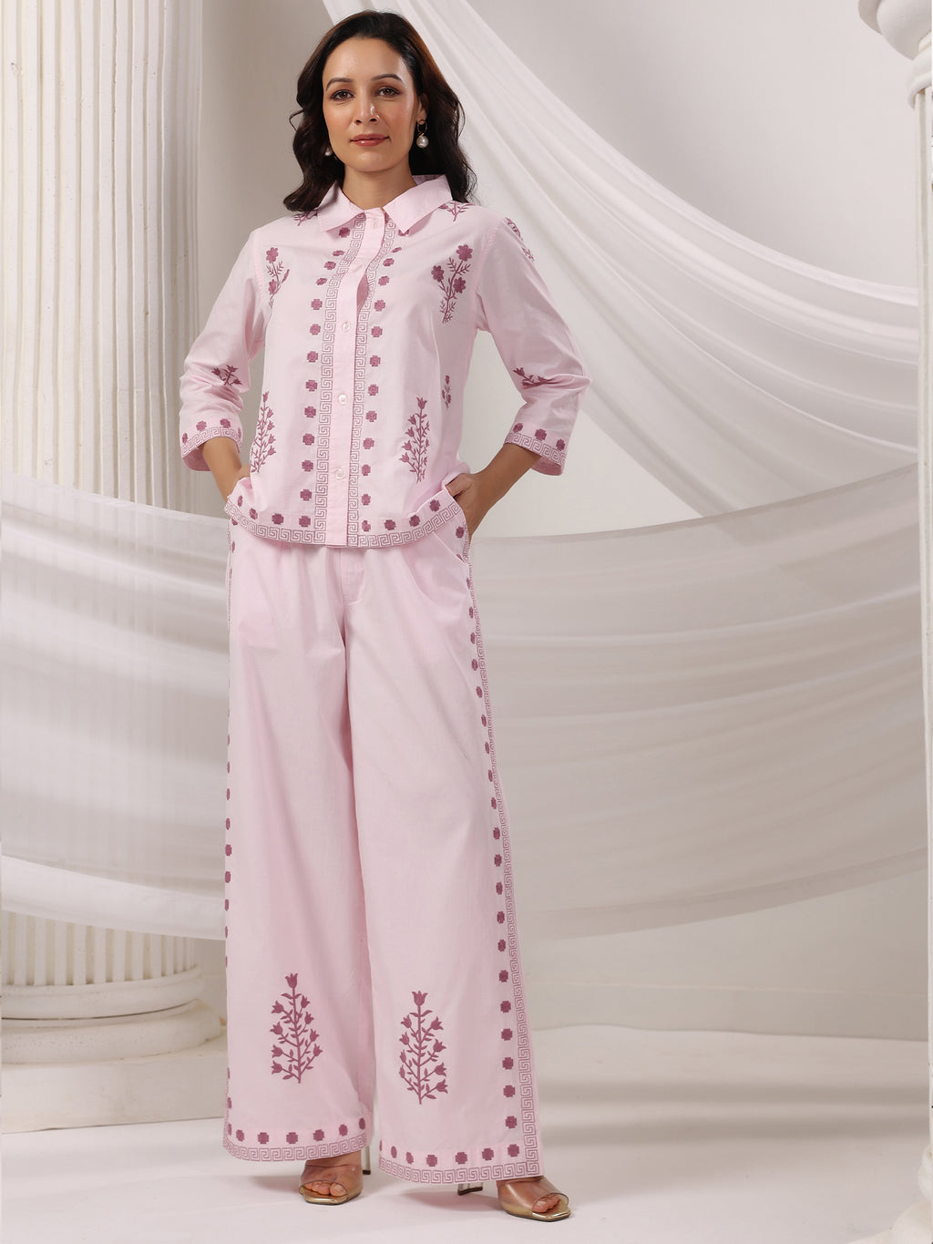 Cotton Embroidered Shirt With Palazzos Co-Ords Set