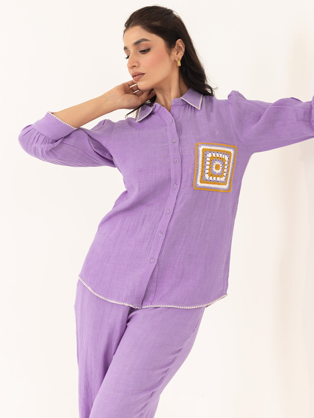 Purple Cotton Embroidered Shirt With Trouser Co-Ords Set