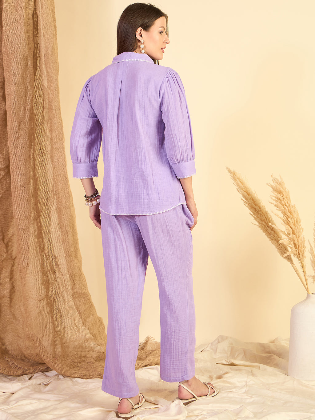 Purple Cotton Embroidered Shirt With Trouser Co-Ords Set