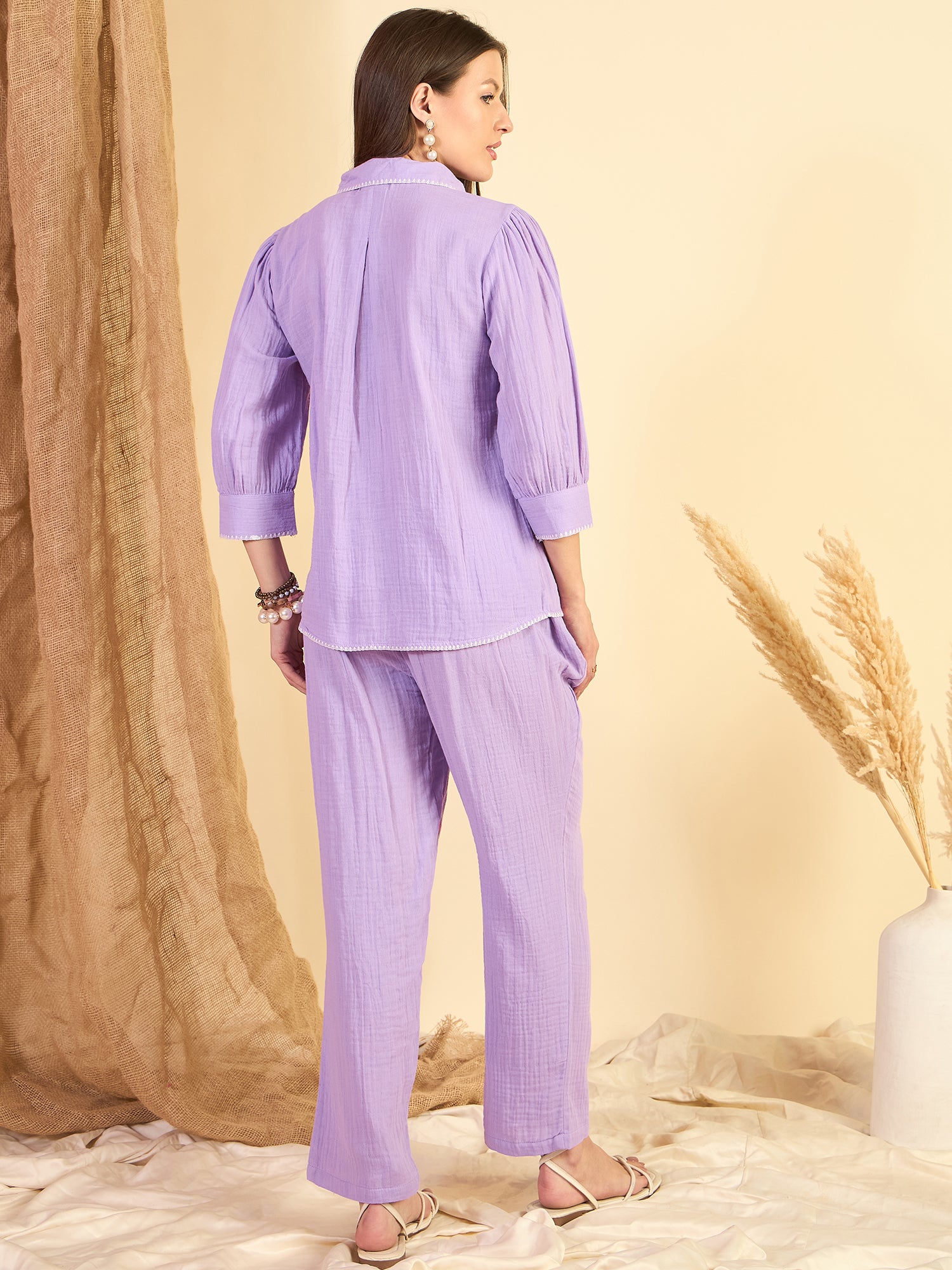 Purple Cotton Embroidered Shirt With Trouser Co-Ords Set