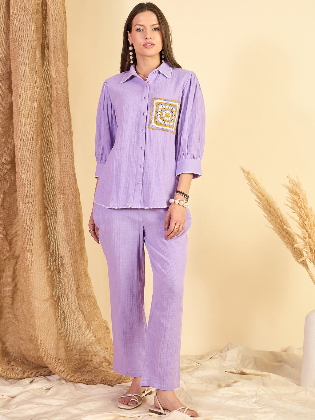 Purple Cotton Embroidered Shirt With Trouser Co-Ords Set