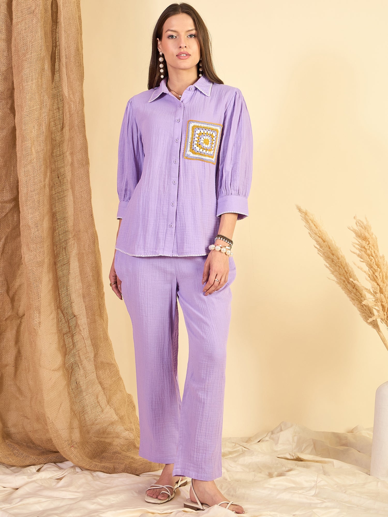 Purple Cotton Embroidered Shirt With Trouser Co-Ords Set
