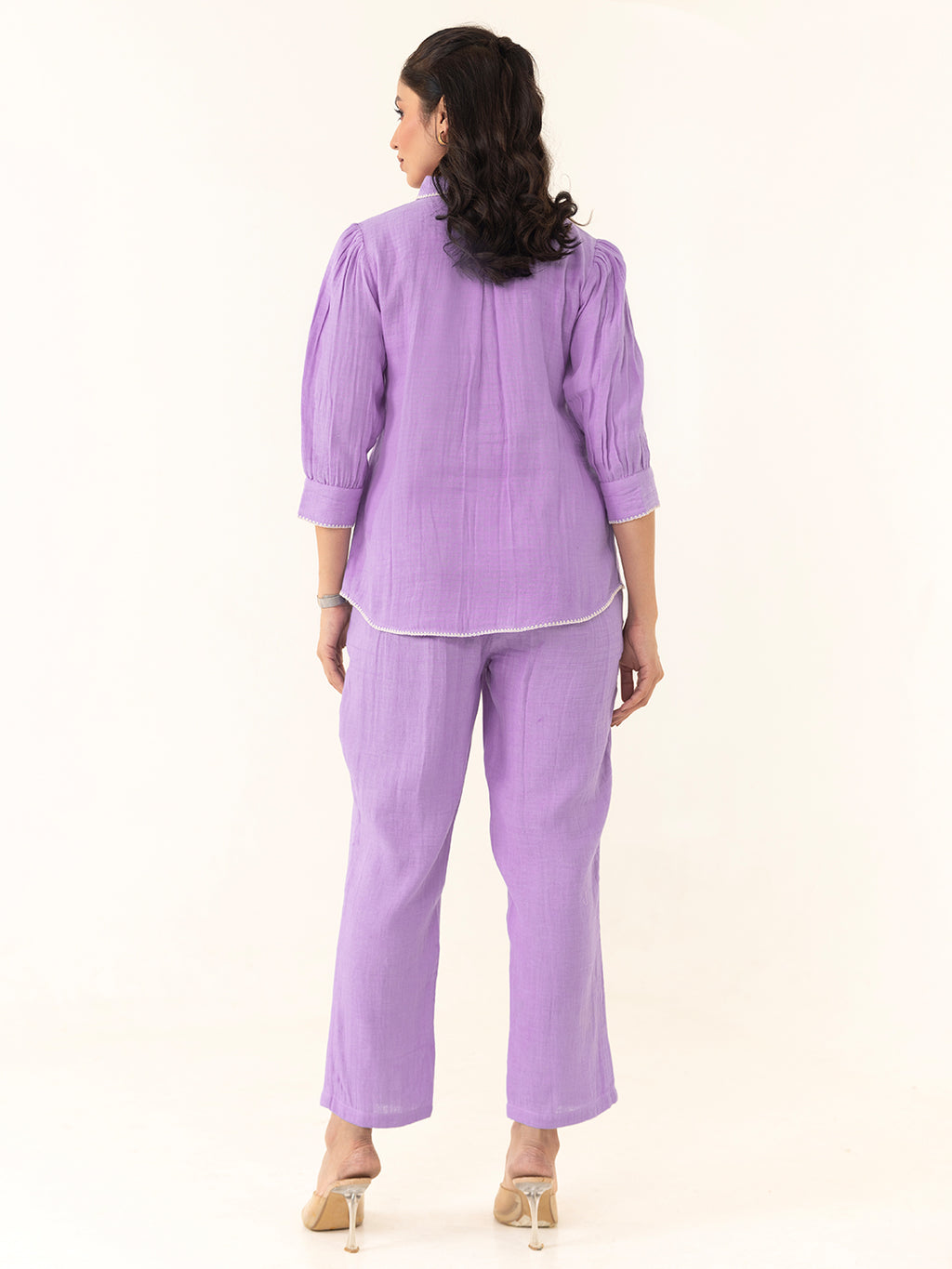 Purple Cotton Embroidered Shirt With Trouser Co-Ords Set