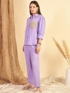 Purple Crochet Embroidered Shirt & Trouser Co-Ord Set