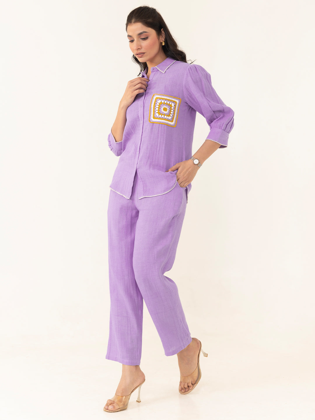 Purple Cotton Embroidered Shirt With Trouser Co-Ords Set