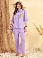 Purple Crochet Embroidered Shirt & Trouser Co-Ord Set