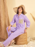 Purple Crochet Embroidered Shirt & Trouser Co-Ord Set