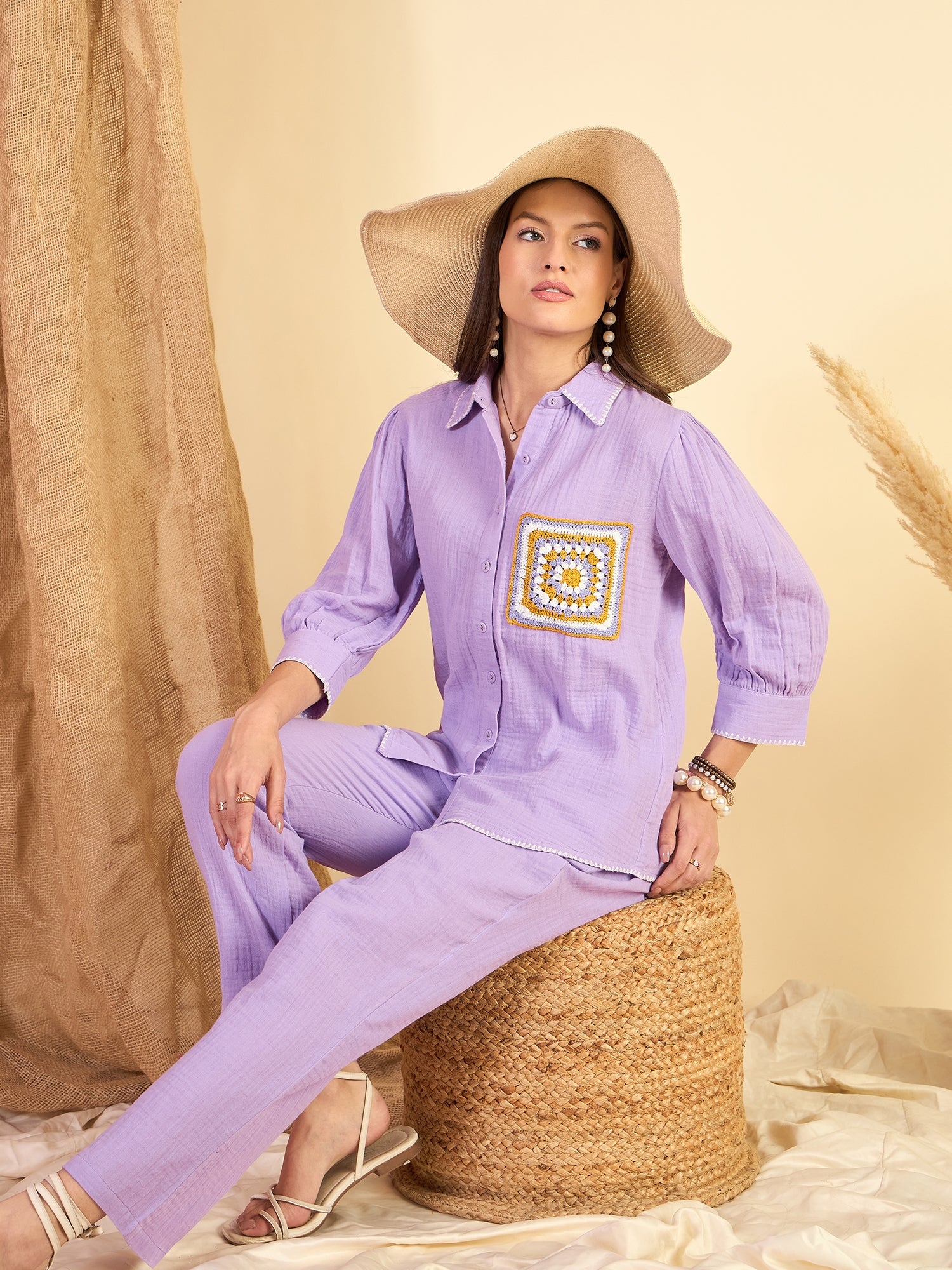 Purple Cotton Embroidered Shirt With Trouser Co-Ords Set