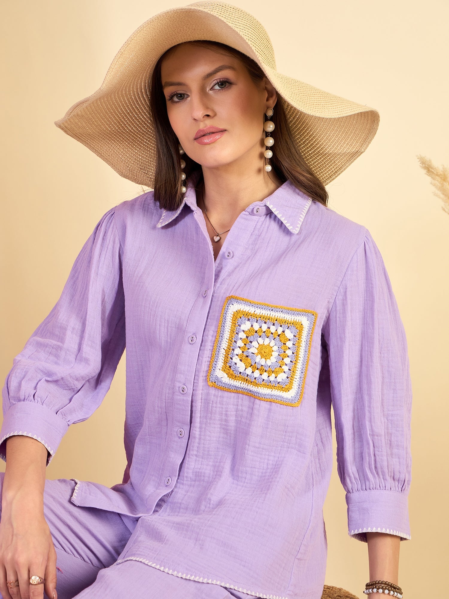 Purple Crochet Embroidered Shirt & Trouser Co-Ord Set
