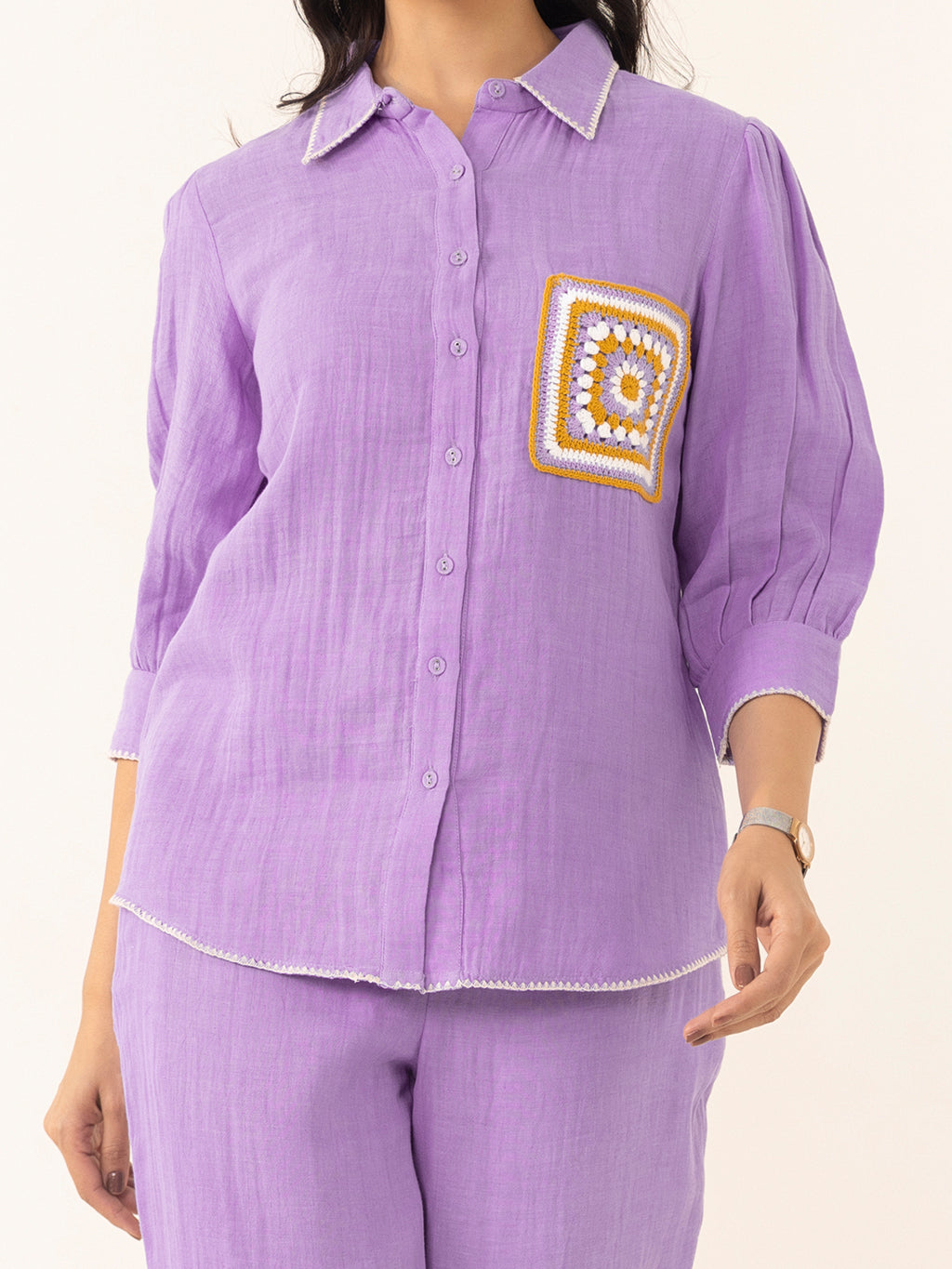 Purple Cotton Embroidered Shirt With Trouser Co-Ords Set
