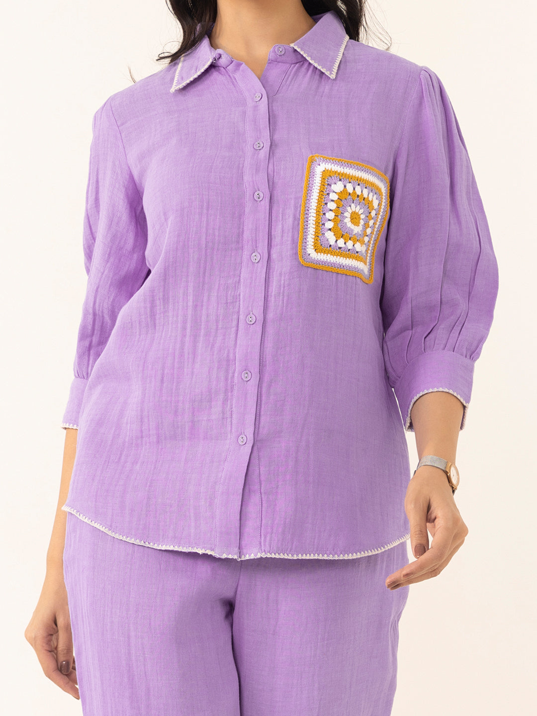 Purple Cotton Embroidered Shirt With Trouser Co-Ords Set