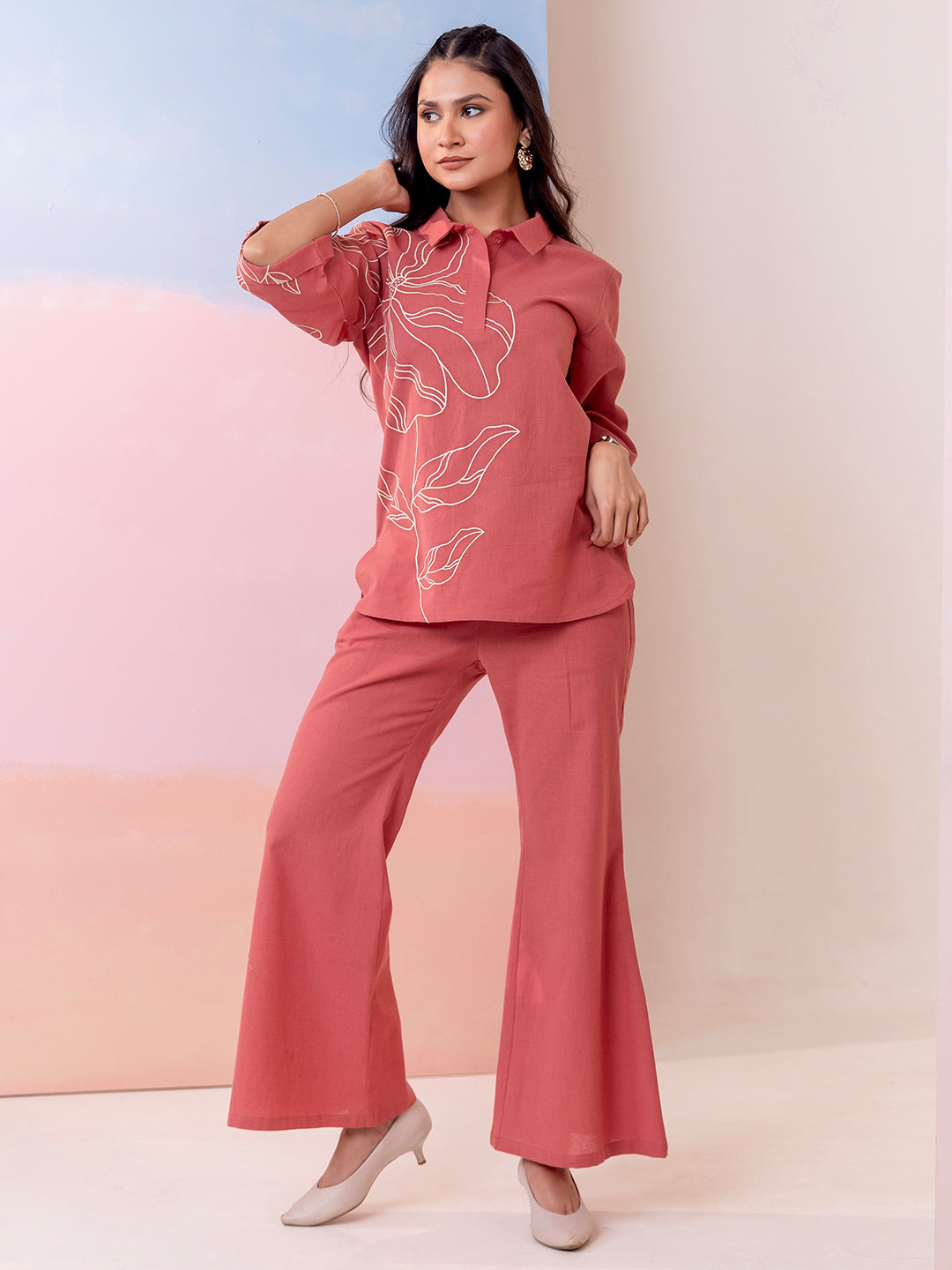 Rust Cotton Embroidered Tunic With Trouser Co-Ords Set