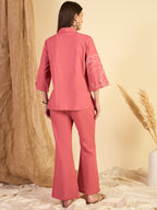 Rust Cotton Embroidered Tunic With Trouser Co-Ords Set