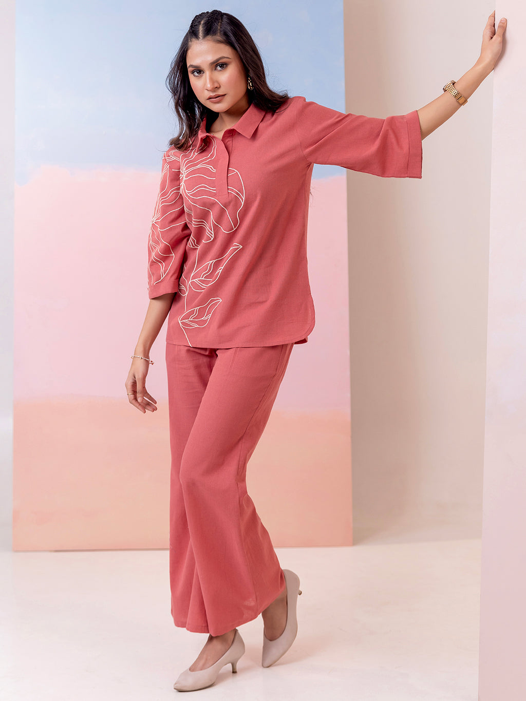 Rust Cotton Embroidered Tunic With Trouser Co-Ords Set