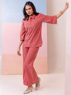 Rust Cotton Embroidered Tunic With Trouser Co-Ords Set