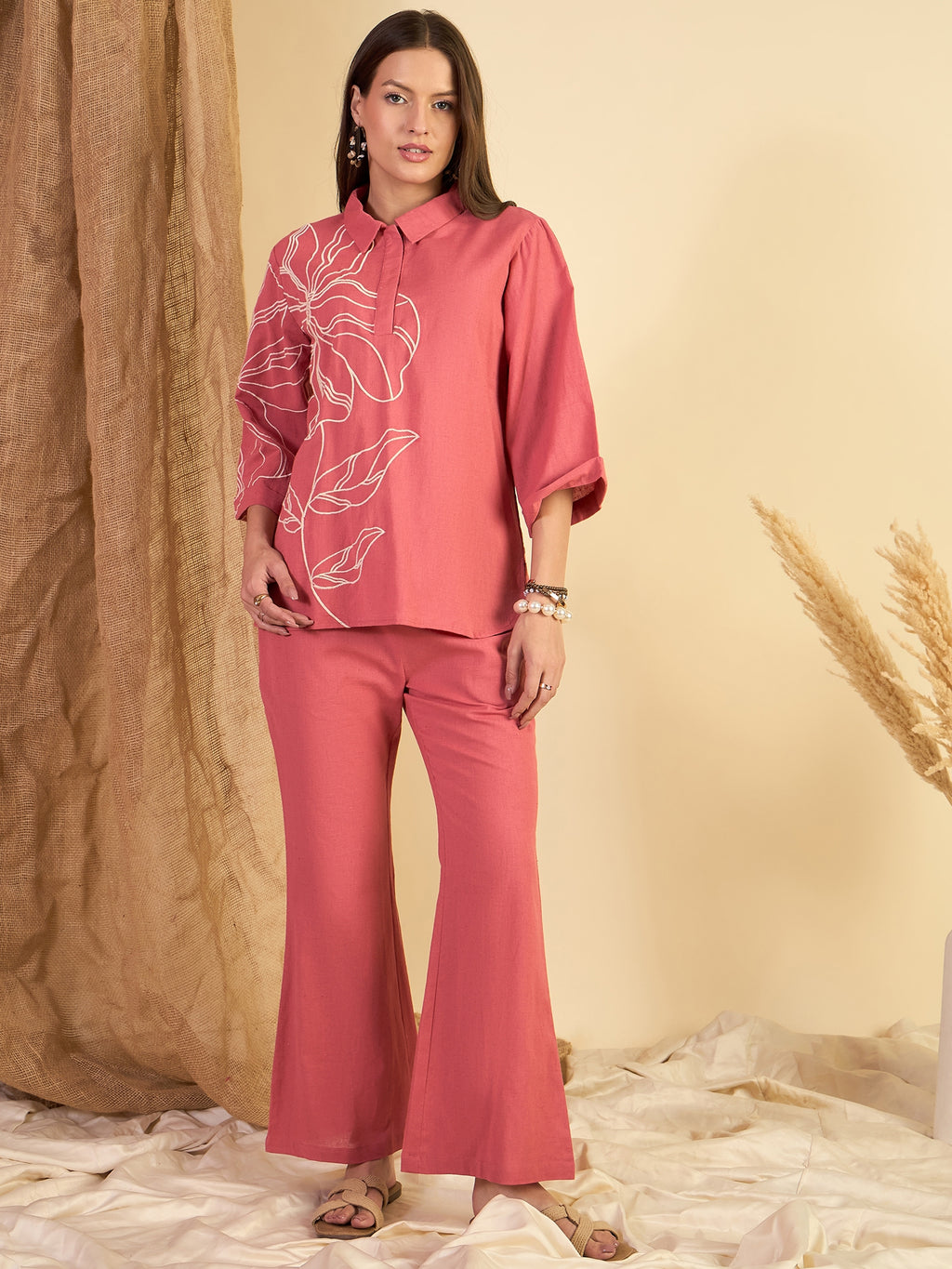 Rust Cotton Embroidered Tunic With Trouser Co-Ords Set